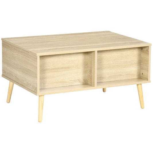 HOMCOM Rechteckiger Couchtisch Wohnzimmertisch mit klappbarem Tablett 2 Fächern und Truhe aus Holzmaßen 85L x 60B x 59,5H cm helle Holzoptik   Aosom