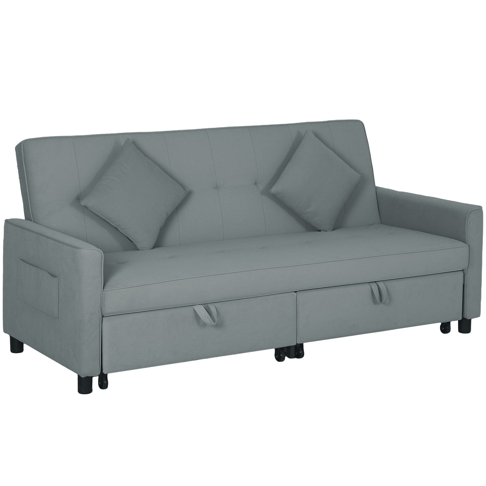HOMCOM Schlafsofa, 3-Sitzer Sofa mit Schlaffunktion, Verstellbare Rückenlehne, Umkehrbare Ecksofa mit Wurfkissen, Samtoptik, Couch mit Rollen für Wohnzimmer, Schlafzimmer Grau   Aosom
