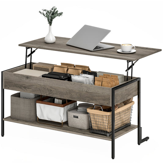 HOMCOM Couchtisch mit höhenverstellbarer Platte, industrieller Wohnzimmertisch mit verstecktem Fach und offenem Regal, für Wohnzimmer, Büro, 95 x 40 x 59 cm, grau   Aosom