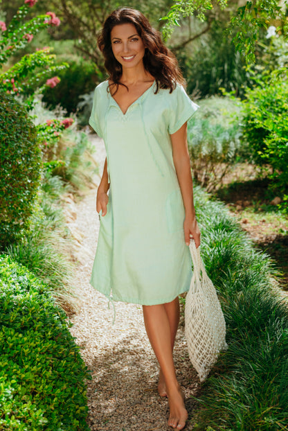 SOCCX Ballonkleid aus Leinen mit Ajour-Details - leafy mint