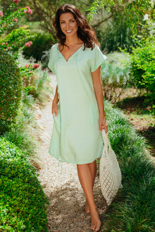 SOCCX Ballonkleid aus Leinen mit Ajour-Details - leafy mint