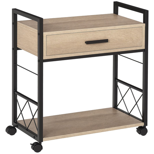 HOMCOM Beistelltisch Servierwagen mit Rädern Küchenwagen Kaffeetisch mit Schublade Ablage Naturholz 60x30x65cm für Küche & Wohnzimmer   Aosom.de