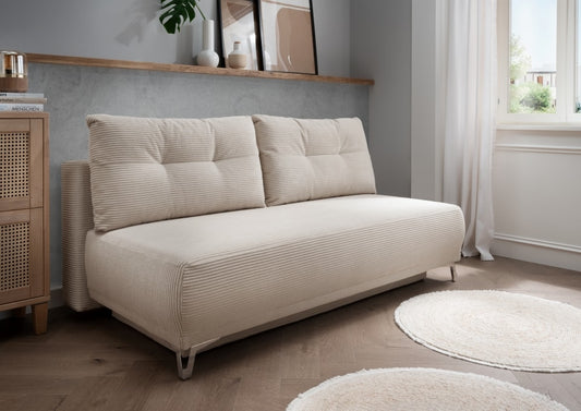 Benformato Ari Sofa mit Schlaffunktion und Bettkasten in Breitcord – Verfügbar in Beige, Silber, Moosgrün