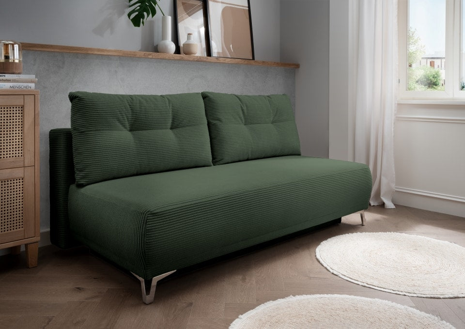 Benformato Ari Sofa mit Schlaffunktion und Bettkasten in Breitcord – Verfügbar in Beige, Silber, Moosgrün