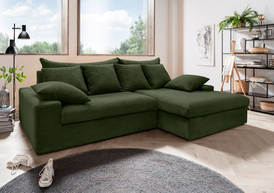 Ecksofa Avellino von Benformato: Stilvolles und komfortables Breitcord-Sofa mit losen Rückenkissen und beidseitiger Montageoption - erhältlich in Grau, Grau-Braun und Moosgrün