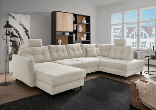 Brizzini Wohnlandschaft von Benformato wählbar in der Farbe Beige &amp; Aqua: Vielseitiges Komfort-Sofa mit Schlaffunktion, verstellbaren Armlehnen und Stauraum