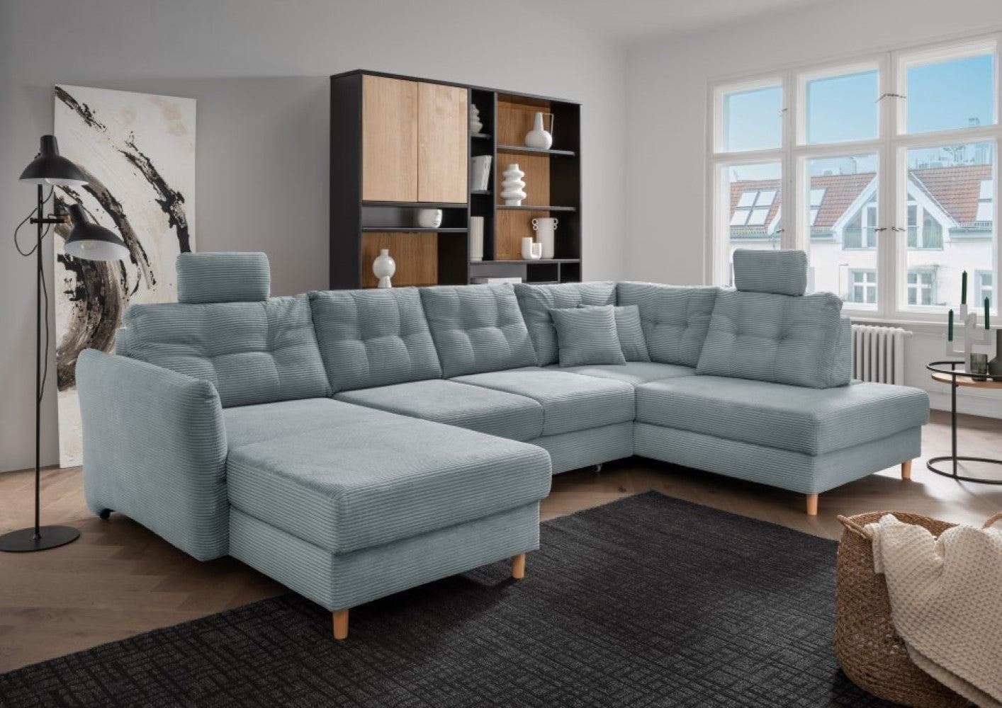 Brizzini Wohnlandschaft von Benformato wählbar in der Farbe Beige &amp; Aqua: Vielseitiges Komfort-Sofa mit Schlaffunktion, verstellbaren Armlehnen und Stauraum