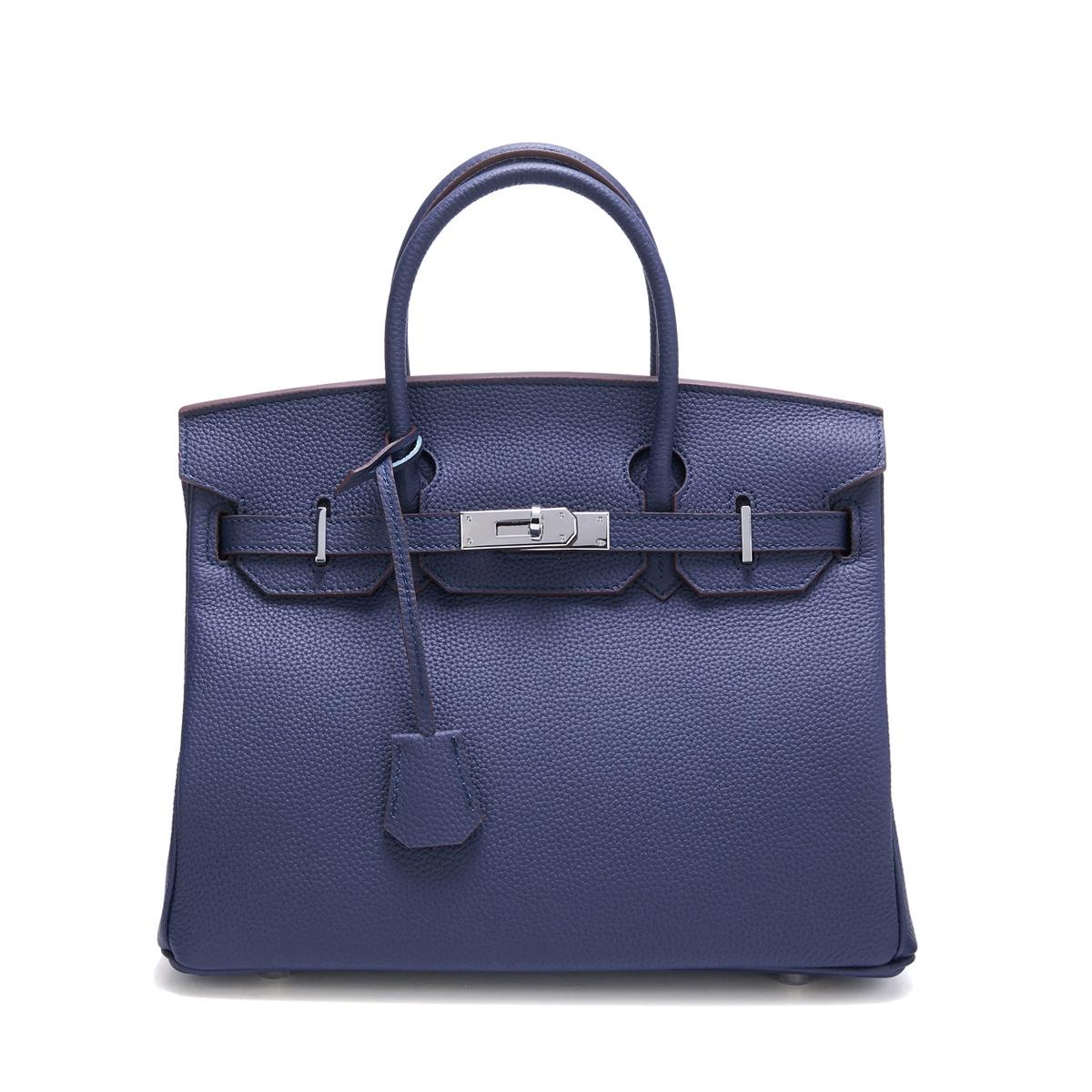 Neue Tasche aus Platin mit silberner Schnalle aus Metall, echtes Leder, große Kapazität, handliche Damentasche, Umhängetasche aus Rindsleder mit Litschi-Muster 35x18x25cm without shoulder strap navy blau