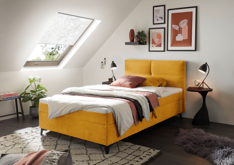 Boxbett Andon 120x200 cm mit Bettkasten Farbe Mustard– ED Exciting Design, Zoom Breitcord, Bonell-Federkern und Schaumtopper