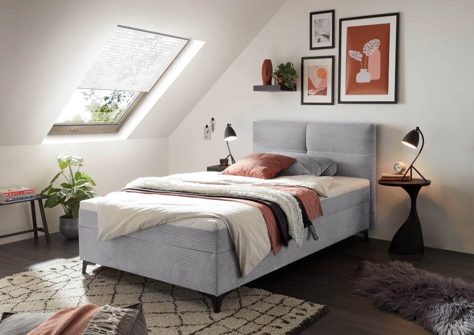 Boxbett Andon 120x200 cm mit Bettkasten Farbe Dove – ED Exciting Design, Zoom Breitcord, Bonell-Federkern und Schaumtopper