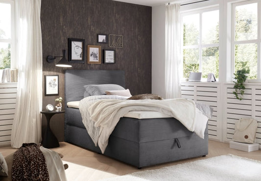 Boxspringbett Larnaca 120x200 cm Farbe Ash mit 9-Zonen-Tonnentaschenfederkern, Komfort-Topper und Bettkasten – ED Exciting Design