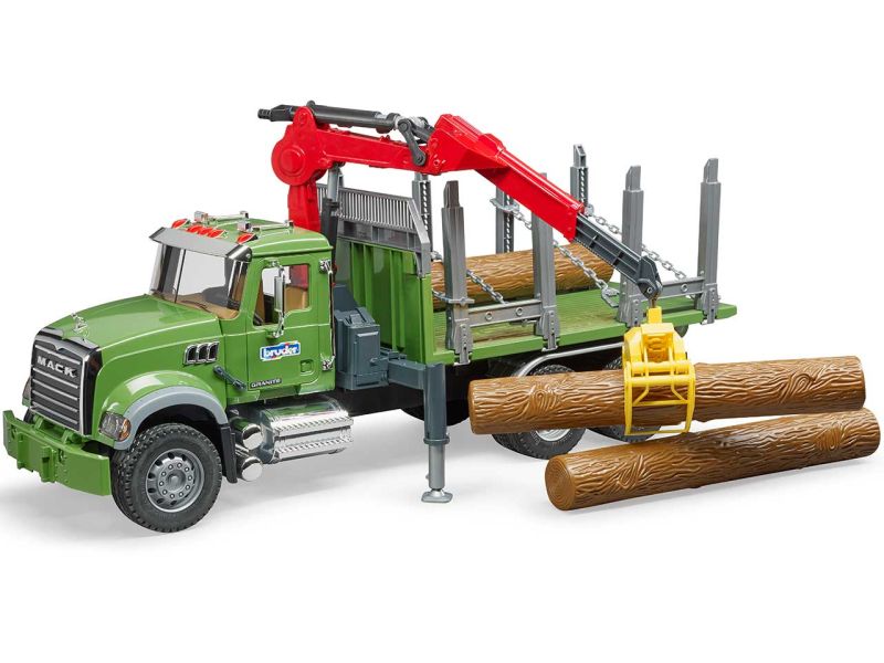 BRUDER MACK Granite Holztransport-LKW mit Ladekran, Greifer und 3 Baumstämmen