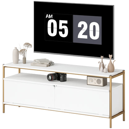HOMCOM TV-Möbel TV-Rack für Fernseher bis 55 Zoll mit 2 Klappentüren und offenem Regal, Stahlrahmen, modernes TV-Rack für Wohnzimmer Schlafzimmer, 124 x 35 x 50 cm, Weiß   Aosom