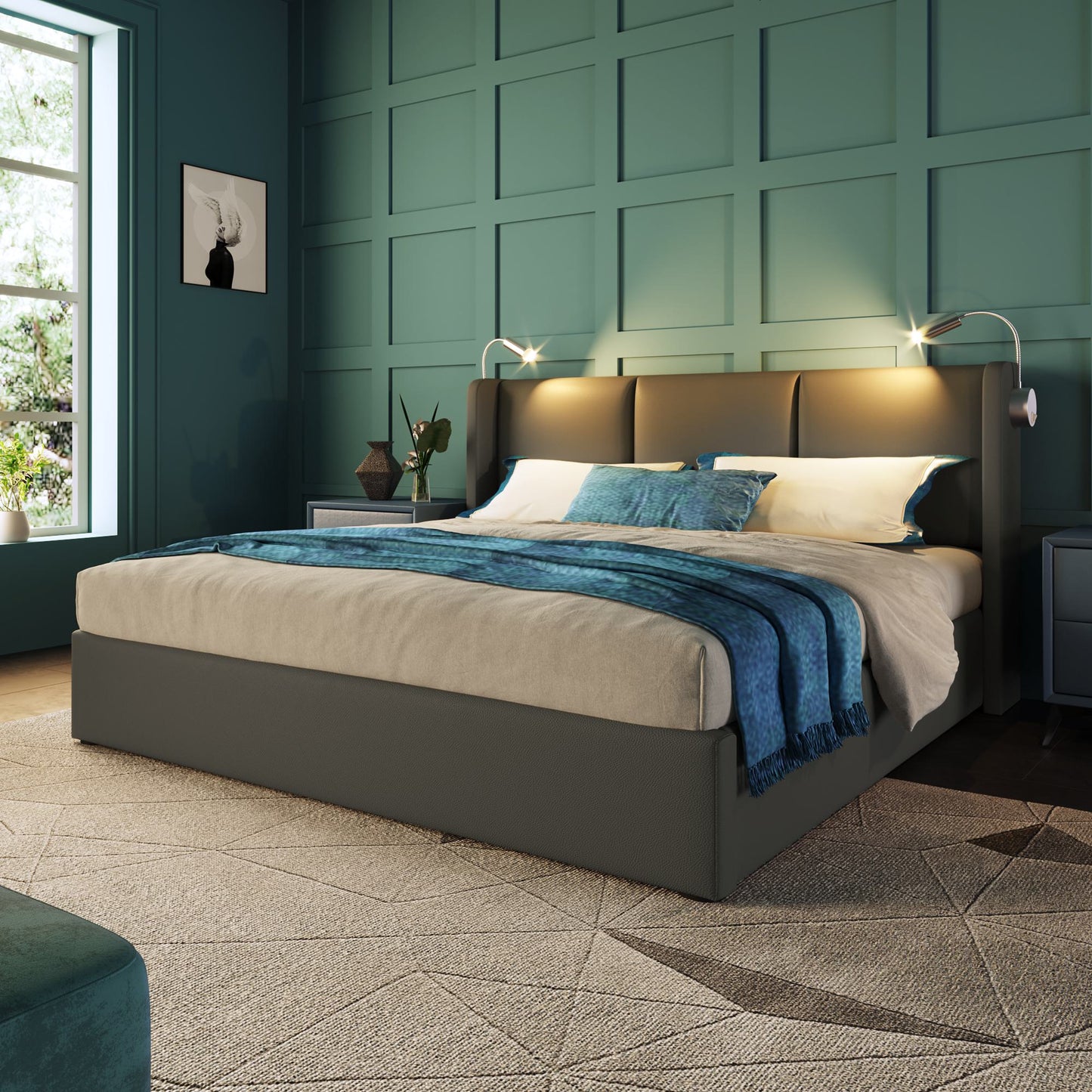 Bettgestell 140x200 Doppelbett 140x200 cm mit Stauraum LED-Lampe USB-Anschluss gepolstertes Kopfteil robuste Konstruktion Grau   Aosom.de