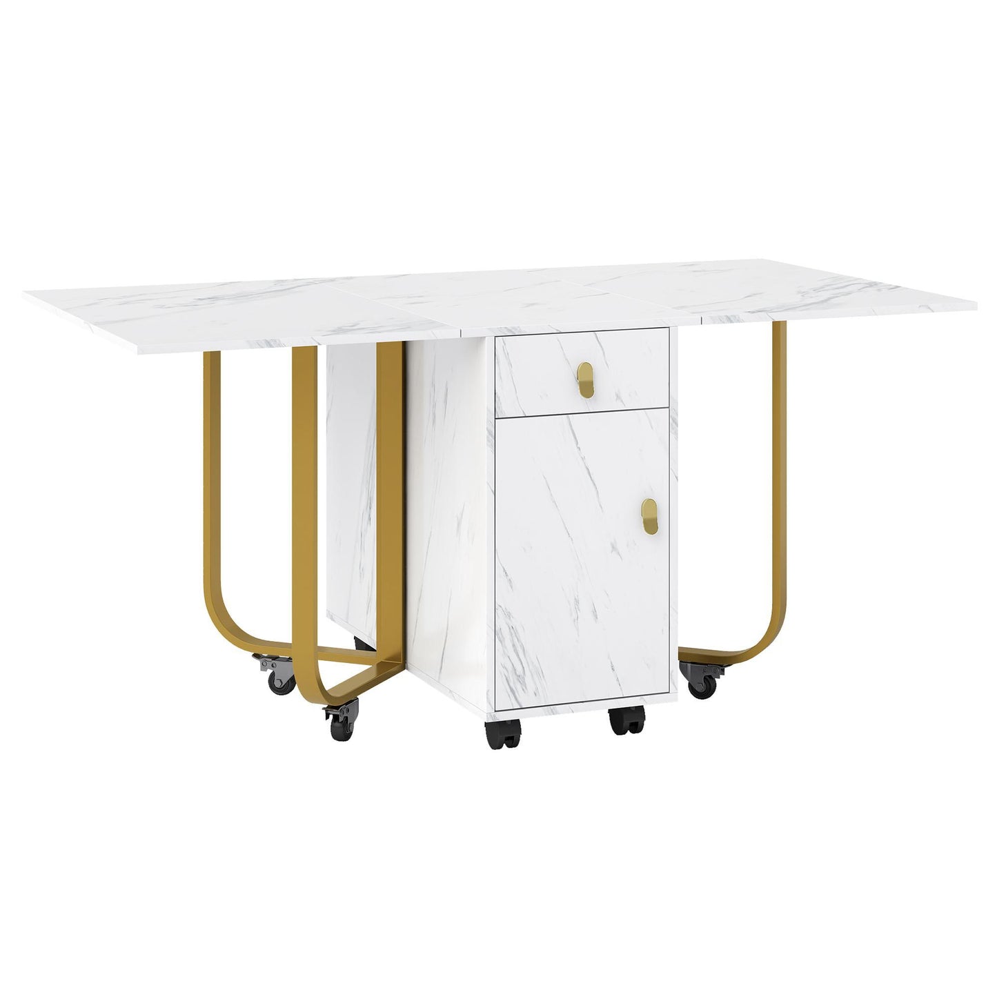 Klappbarer Esstisch, mit Aufschrank und 2 Schubladen, vielseitiger mit Rollen, flexibel für verschiedene Modi, bis 60 kg, 150 × 80 × 76 cm, Weiß+Gold