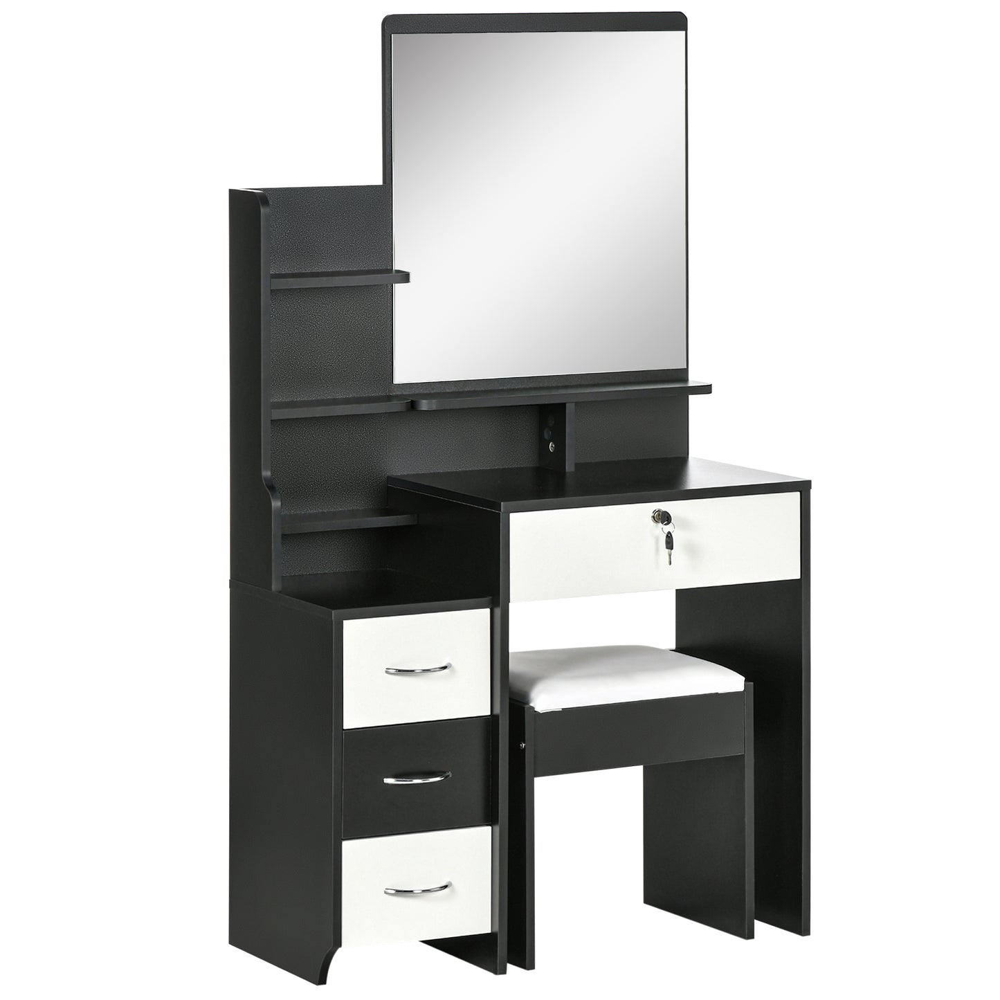 HOMCOM Schminktischset mit Schminktisch und gepolstertem Hocker großem Spiegel + mehreren offenen Regalen + 4 Schubladen Schwarz Weiß   Aosom