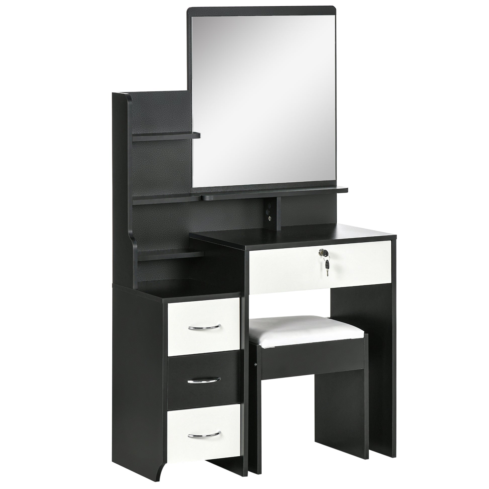 HOMCOM Schminktischset mit Schminktisch und gepolstertem Hocker großem Spiegel + mehreren offenen Regalen + 4 Schubladen Schwarz Weiß   Aosom