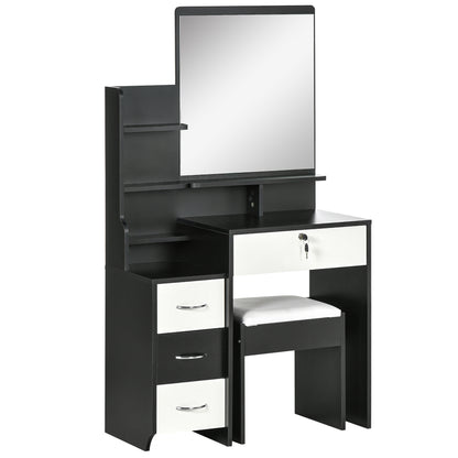 HOMCOM Schminktischset mit Schminktisch und gepolstertem Hocker großem Spiegel + mehreren offenen Regalen + 4 Schubladen Schwarz Weiß   Aosom