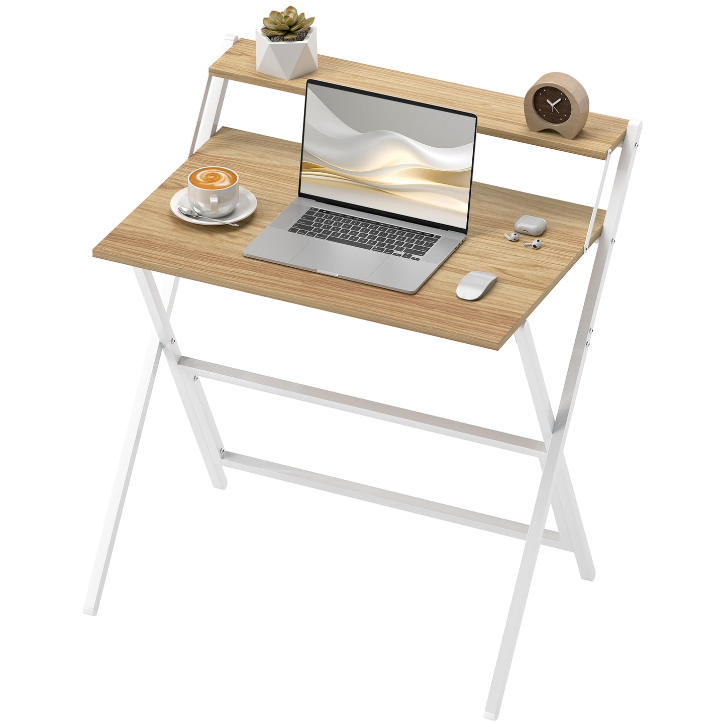HOMCOM Schreibtisch Platzsparend Klappbar mit Monitorablage, Computertisch Klein und Klappbar für Büro und Studium, aus Stahl, 81.5x62x86.5 cm, Farbe Holz   Aosom
