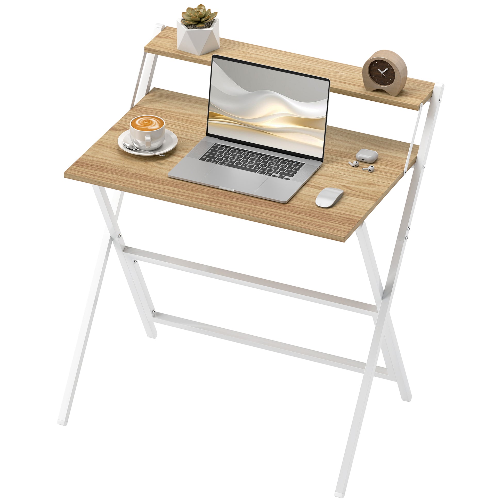 HOMCOM Schreibtisch Platzsparend Klappbar mit Monitorablage, Computertisch Klein und Klappbar für Büro und Studium, aus Stahl, 81.5x62x86.5 cm, Farbe Holz   Aosom