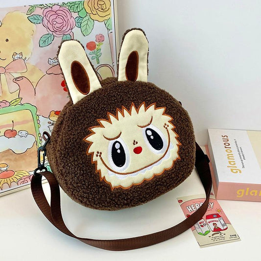2025 Neue Beliebte Bubble Mart Schräge Umhängetasche Große Kapazität Weiche Haptik Kurzer Plüsch Kinder Schultertaschen Hässlich Niedlich Cartoon Kinder Aufbewahrung Crossbody Tasche kaffeebraun