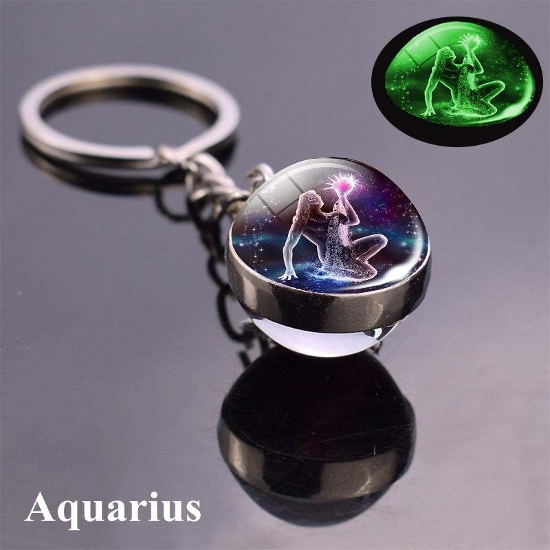 12 Konstellation Leuchtender Schlüsselanhänger Glaskugel Anhänger Sternzeichen Schlüsselanhänger Schlüsselanhänger Halter Männer Frauen Geburtstagsgeschenk Aquarius blau