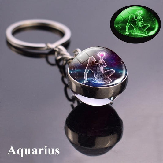 12 Konstellation Leuchtender Schlüsselanhänger Glaskugel Anhänger Sternzeichen Schlüsselanhänger Schlüsselanhänger Halter Männer Frauen Geburtstagsgeschenk Aquarius blau