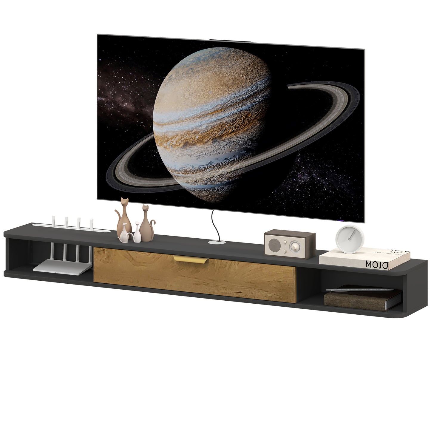 HOMCOM Wand-TV-Möbel schwebendes TV-Möbel aus Holz, TV-Bank mit offenen Fächern, klappbarer Tür und Kabeldurchlässen, für Wohnzimmer Schlafzimmer, 160 x 24 x 16 cm, grau   Aosom