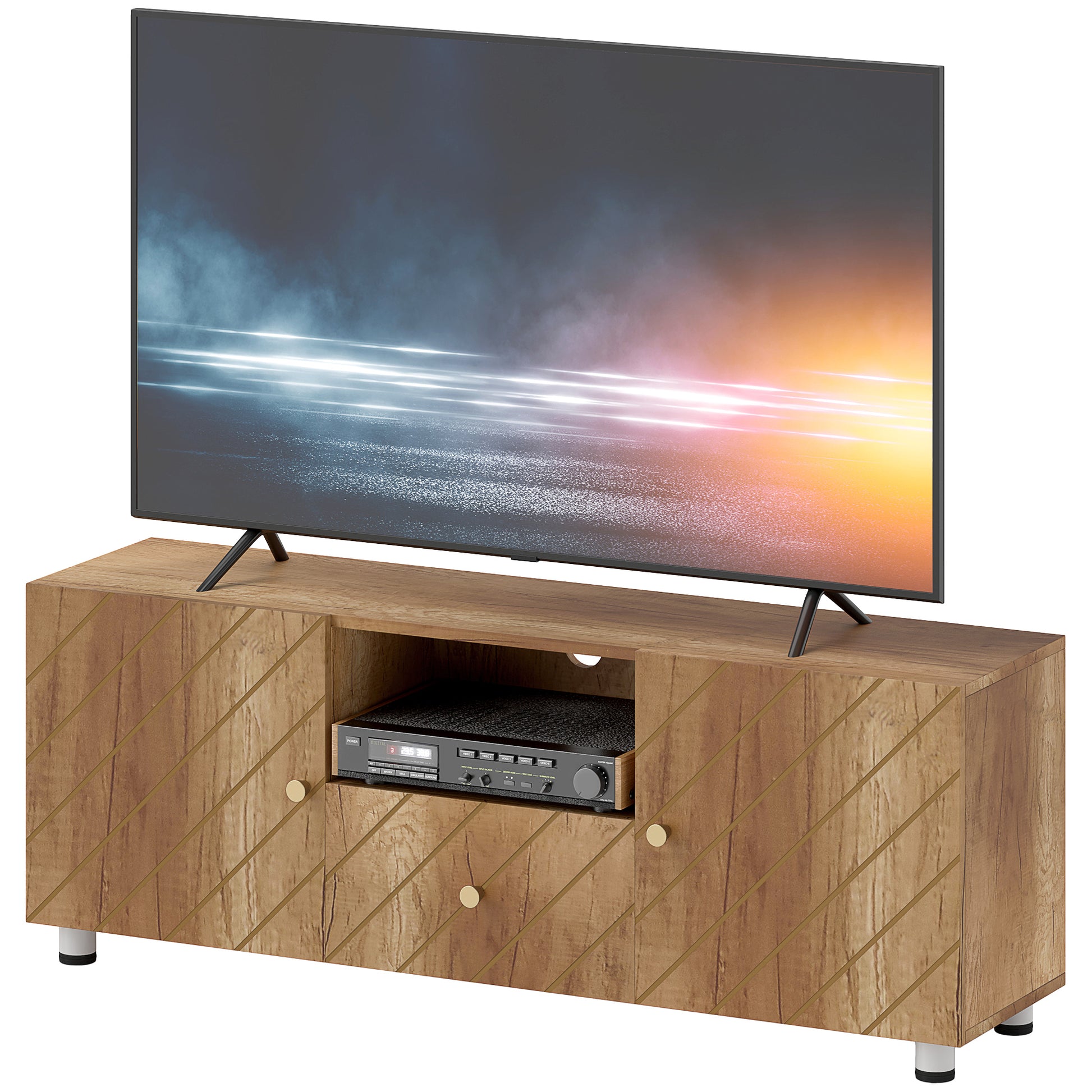 HOMCOM TV-Ständer TV-Möbel Holz TV-Bank für Fernseher bis zu 50 Zoll mit 2 Schränken und offenem Fach und Schublade für Wohnzimmer Schlafzimmer, 120 x 30 x 45 cm, Naturholz   Aosom