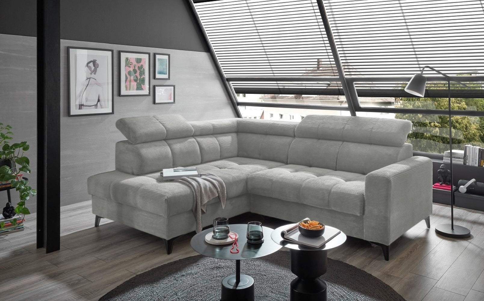 Ecksofa Bavaro elektronischer Sitztiefenverstellung und Breitcord-Bezug Ed Exciting Design