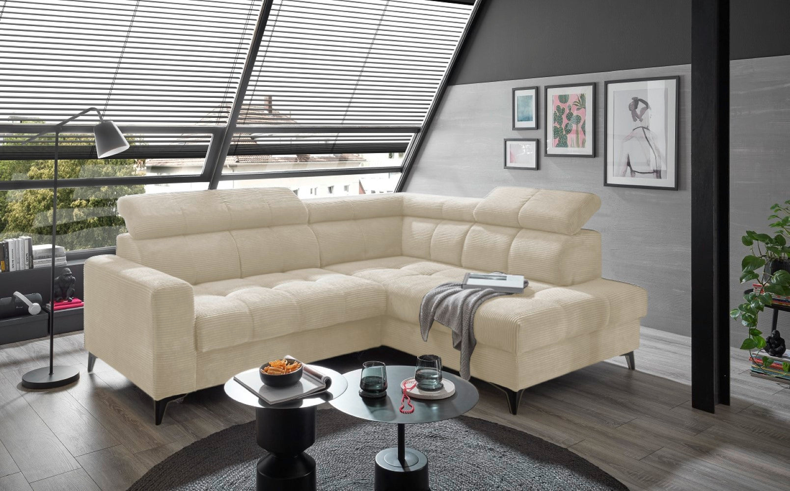 Ecksofa Bavaro elektronischer Sitztiefenverstellung und Breitcord-Bezug Ed Exciting Design