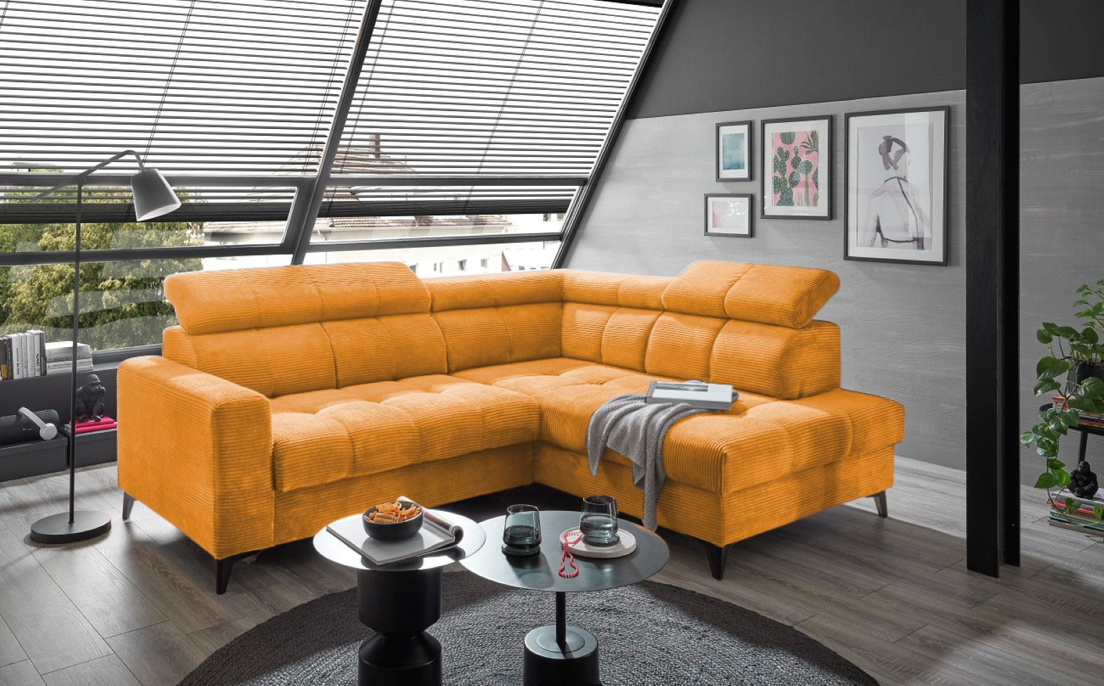 Ecksofa Bavaro elektronischer Sitztiefenverstellung und Breitcord-Bezug Ed Exciting Design