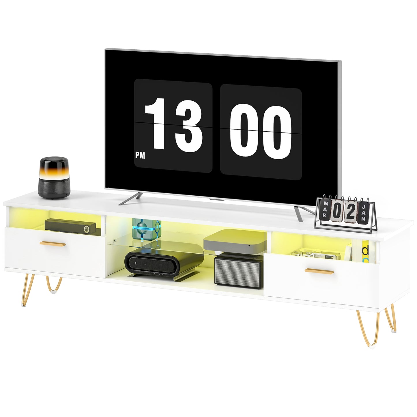 HOMCOM TV-Möbel mit 16 Farben LED RGB-Beleuchtung TV-Ständer für Fernseher von 42 bis 120 Zoll mit 2 Schubladen und offenem Regal, moderner TV-Bank für Wohnzimmer Schlafzimmer, 160x35x42cm, weiß   Aosom