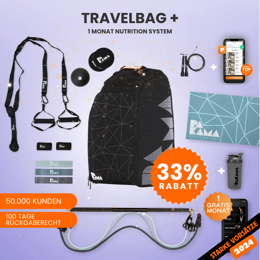 Fitnessstudio to Go (inkl. App) + Nutrition System - Alle Tools + Travel Bag / BERLIN Black / 1 Monat