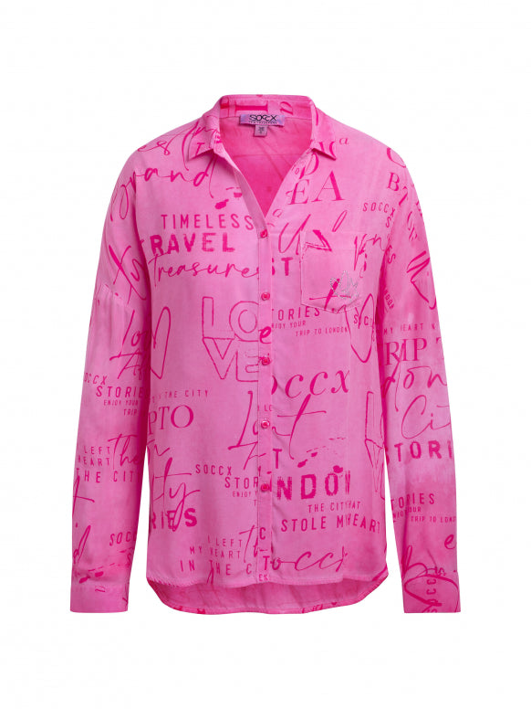 SOCCX Fließende Langarmbluse mit All Over Print - rosy neon