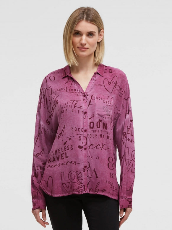 SOCCX Fließende Langarmbluse mit All Over Print - dark cherry