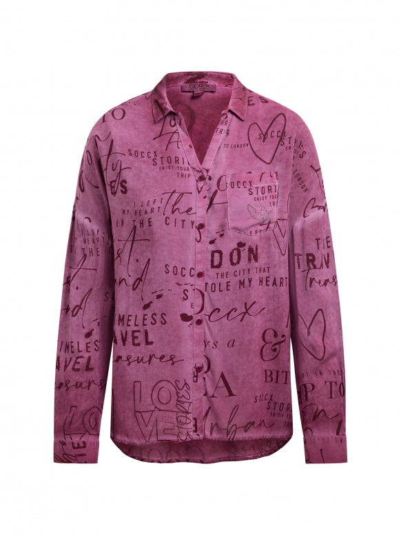 SOCCX Fließende Langarmbluse mit All Over Print - dark cherry