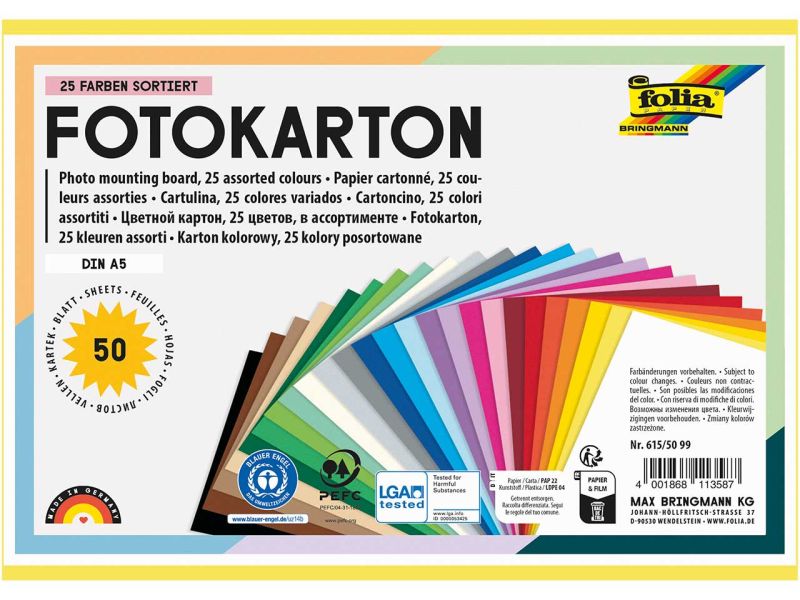Folia Fotokarton, DIN A5, 300 g/m², 50 Blatt in 25 Farben sortiert