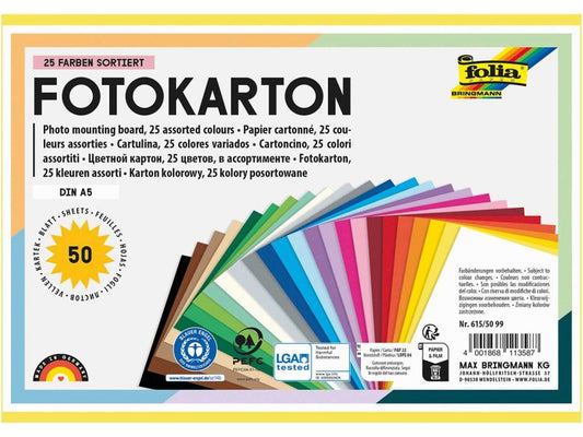 Folia Fotokarton, DIN A5, 300 g/m², 50 Blatt in 25 Farben sortiert