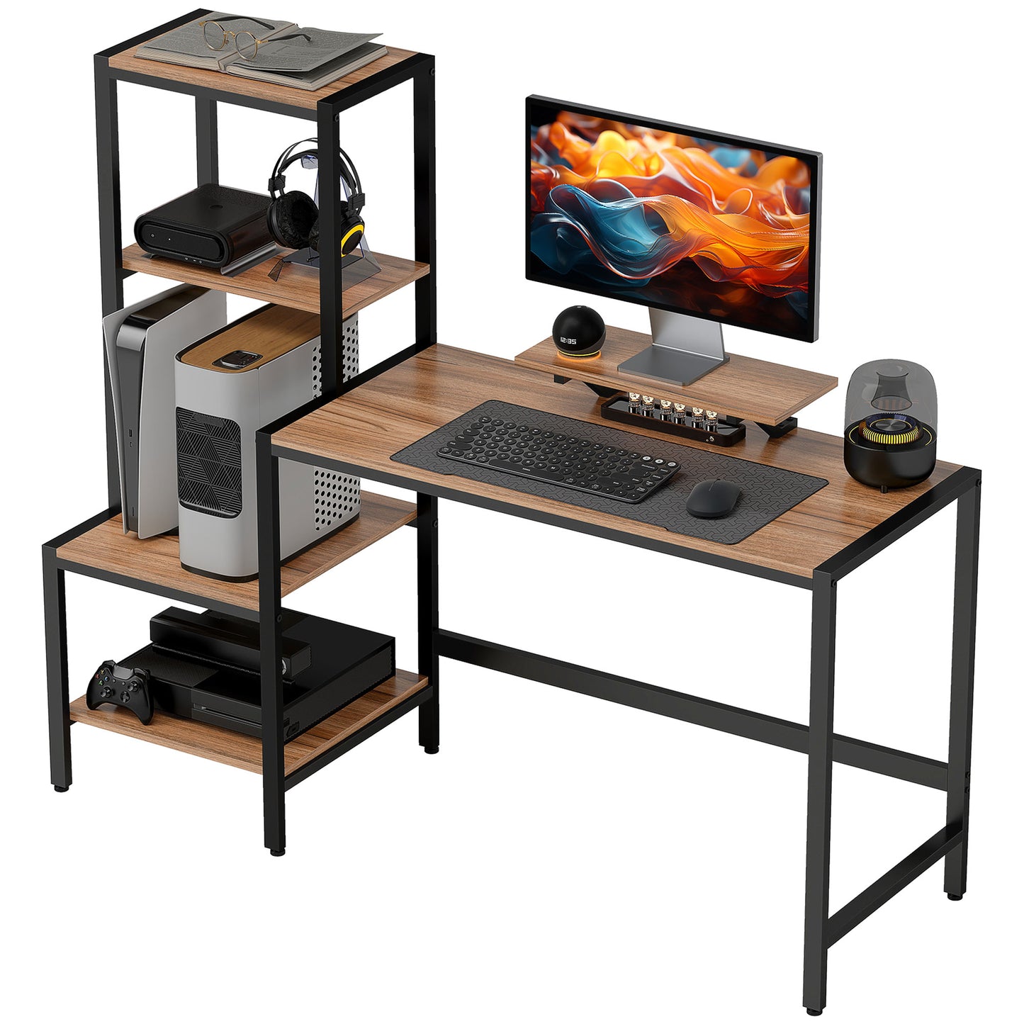 HOMCOM Schreibtisch Computertisch mit Monitorständer, CPU-Ständer, Bürotisch mit Druckerablage, PC Tisch mit 4 Regalen, Modern-Design für Home Office, 150 x 48 x 125 cm, Braun   Aosom