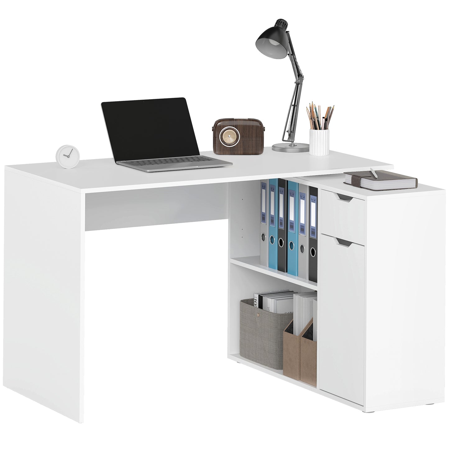 HOMCOM Eckschreibtisch, L-Form Schreibtisch, Computertisch mit Offenen Ablagen, Schublade, 1 Tür, Winkelschreibtisch für Dokumente im A4-Format, Büro, Arbeitszimmer, 120 x 96 x 75 cm, Weiß   Aosom