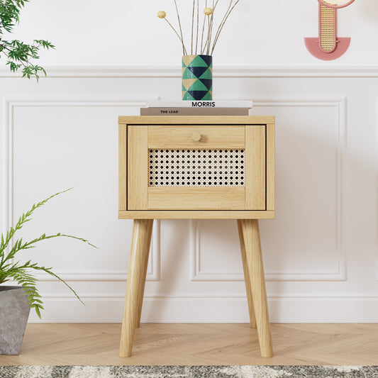 Nachttisch Rattan - Klassischer Nachttisch mit Rattan-Schublade, 38x38x58cm, Goldgriff, Langen Holzbeinen, Stauraum Wohnzimmer Schlafzimmer   Aosom.de