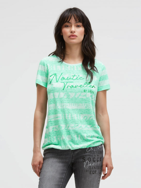 SOCCX Gestreiftes Ausbrenner-Shirt mit Print und Elastiksaum - ocean mint