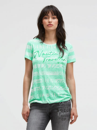 SOCCX Gestreiftes Ausbrenner-Shirt mit Print und Elastiksaum - ocean mint