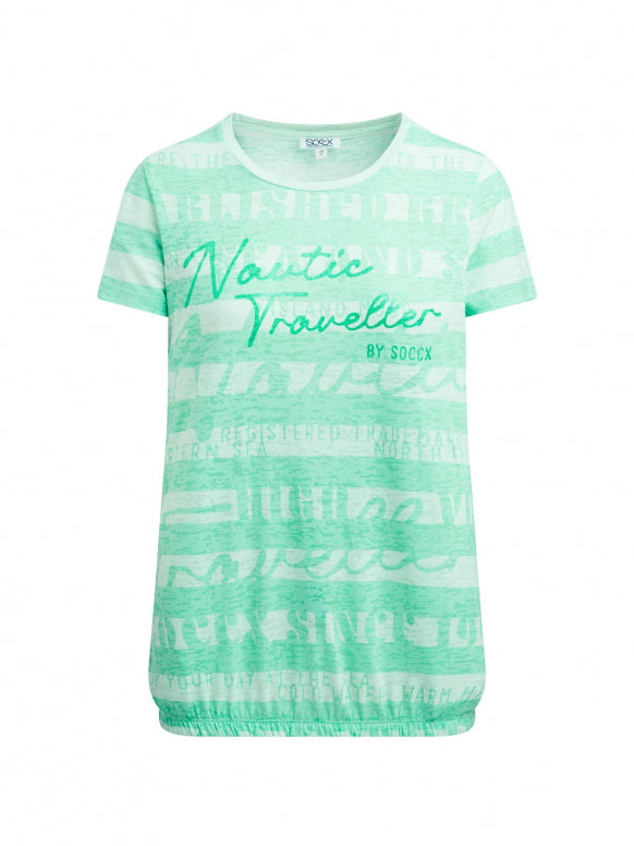 SOCCX Gestreiftes Ausbrenner-Shirt mit Print und Elastiksaum - ocean mint