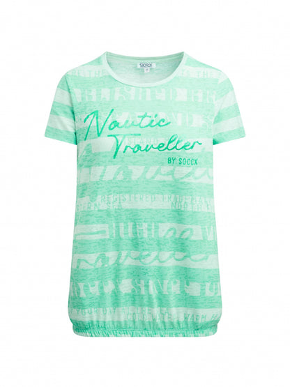 SOCCX Gestreiftes Ausbrenner-Shirt mit Print und Elastiksaum - ocean mint
