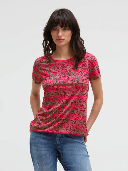 SOCCX Gestreiftes Ausbrenner-Shirt mit Print und Elastiksaum - clear red