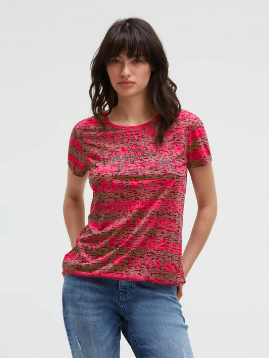 SOCCX Gestreiftes Ausbrenner-Shirt mit Print und Elastiksaum - clear red
