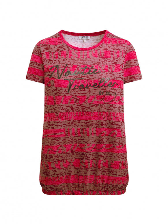 SOCCX Gestreiftes Ausbrenner-Shirt mit Print und Elastiksaum - clear red