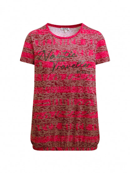 SOCCX Gestreiftes Ausbrenner-Shirt mit Print und Elastiksaum - clear red
